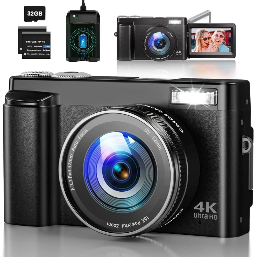 Appareil Photo Numérique 4K 48MP – Zoom 16x, Écran 180°, Autofocus, Flash, 2 Batteries + Carte 32Go – Idéal Débutants, Enfants, Vlog