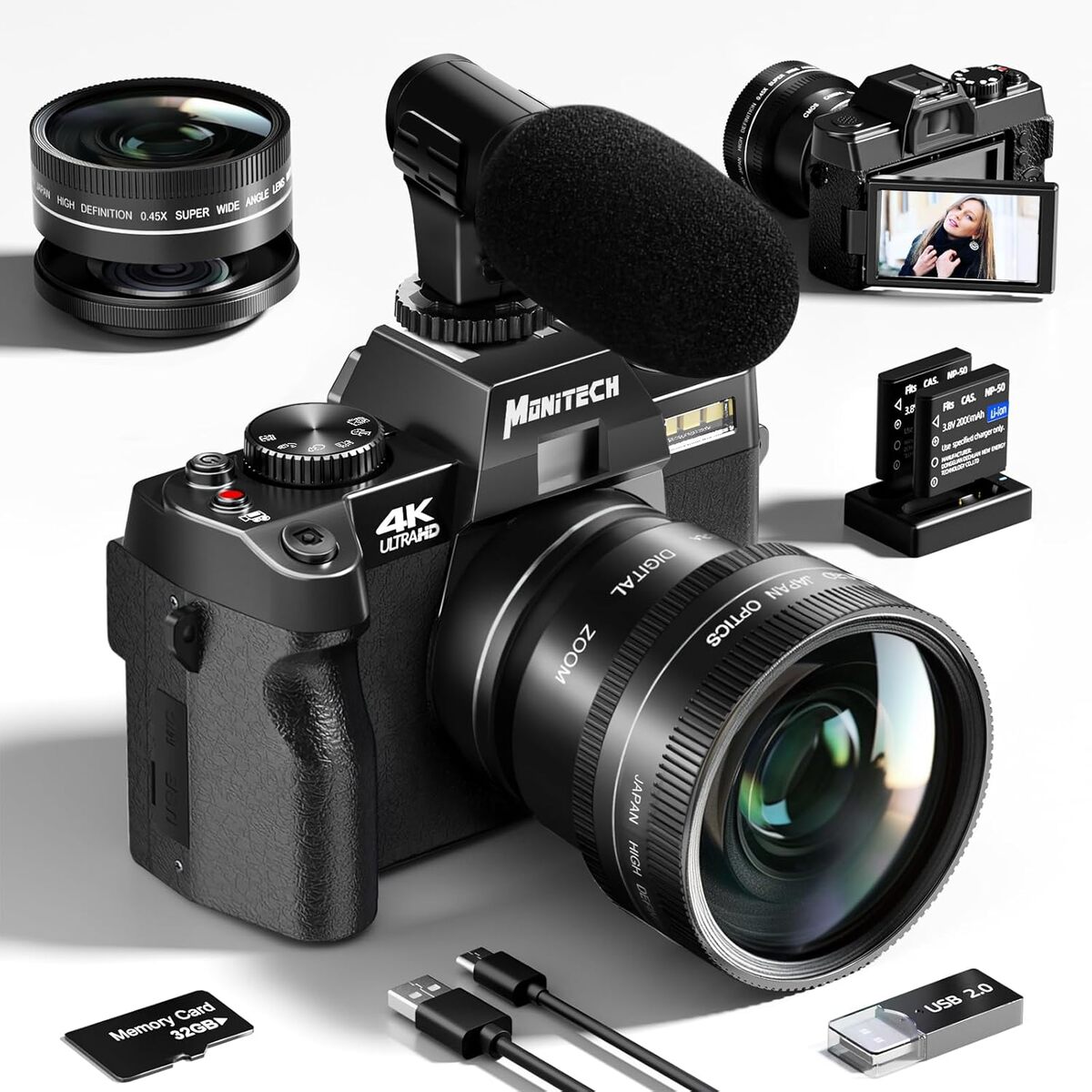 Appareil photo numérique 4K, Acbaeta Autofocus 50MP Caméra de Vlogging avec carte SD 32G, Zoom 16X, Flash, Anti-tremblement, Appareil photo numérique compact portable petit pour prise de vue