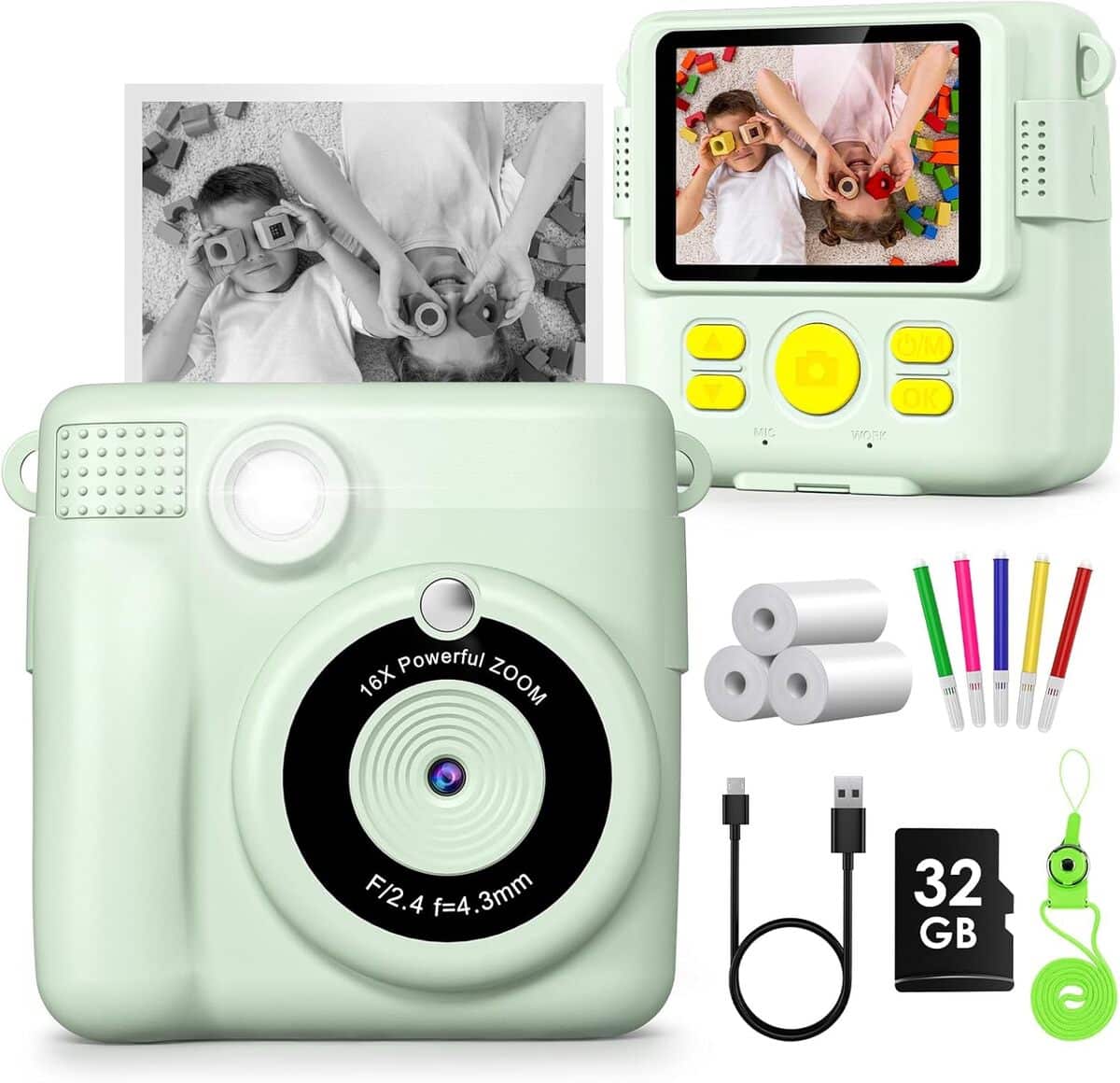 Appareil Photo Instantané Enfants 1080P - Caméra Vidéo Avec Carte 32GB & Papier D'Impression, Noir