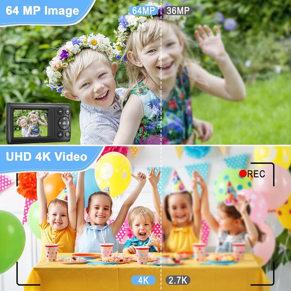 GWAEPU Appareil photo numérique 4K pour la photographie : autofocus 64 MP compact portable Digicam Point and Shoot pour vlogging avec zoom 18x et carte TF 32 Go Cadeau pour enfants, adolescents