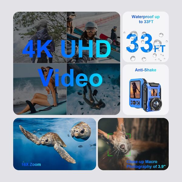 Appareil Photo Numérique Etanche 33FT 4K Video 64MP Autofocus Caméra sous-Marine 16X Digital Zoom Caméra étanche pour la plongée avec Tuba avec Carte 32GB