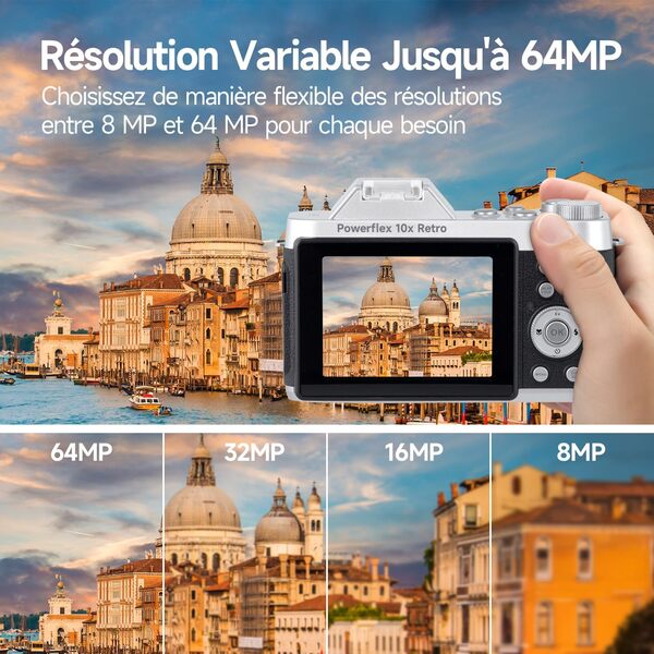 Appareil Photo Numérique, Rollei Powerflex 10x Rétro Digital Camera 64MP 4K avec Zoom Numérique 10X Écran IPS 2,88