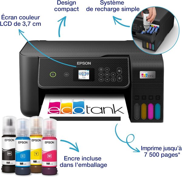 EPSON EcoTank Imprimante sans Fil ET-2870 | Réservoirs d'encre Haute capacité - Économisez jusqu'à 90% sur Les coûts d'encre - Impression Mobile, Copie, numérisation - 3 Ans d'encre Inclus