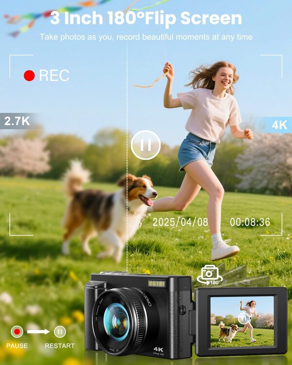 Appareil Photo Numérique 4K,48MP Autofocus avec Écran Rabattable 180°, Zoom Numérique 16X Appareil Photo vlogging avec Carte 32GB, 2 Batteries, pour Débutants