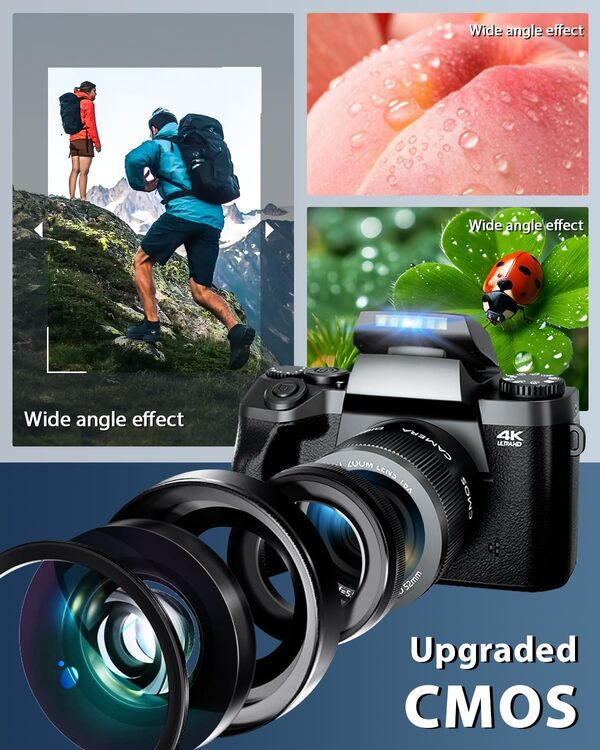 Ade Appareil Photo Numérique 4K pour la Photographie et Le Vlogging, Appareil Photo 64MP avec Écran Tactile 4'', Appareil Photo Compact avec Zoom numérique 16x, WiFi, Lentille Avant et arrière