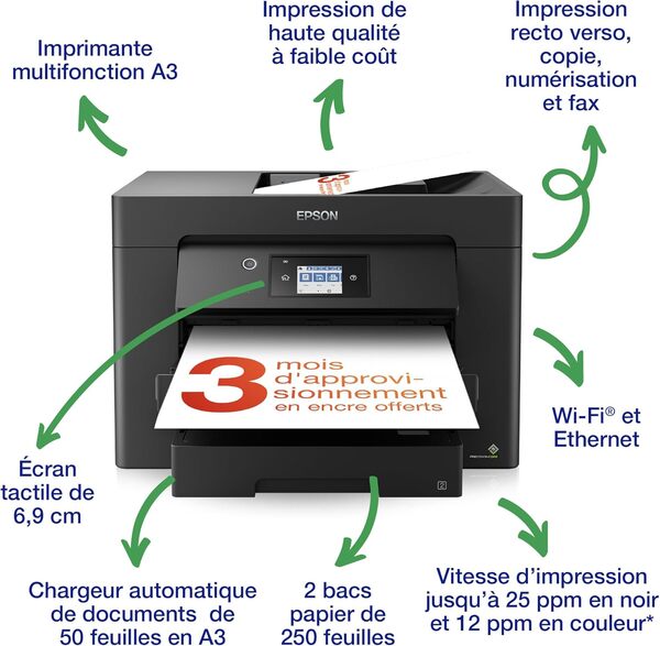 EPSON WorkForce WF-7830DTW | Imprimante A3 4-en-1 - Impression recto-verso, Numérisation, Copie, Fax - WiFi Direct, Ethernet, PrecisionCore, 25ppm Noir/12ppm Couleur, Encres individuelles, Mobile