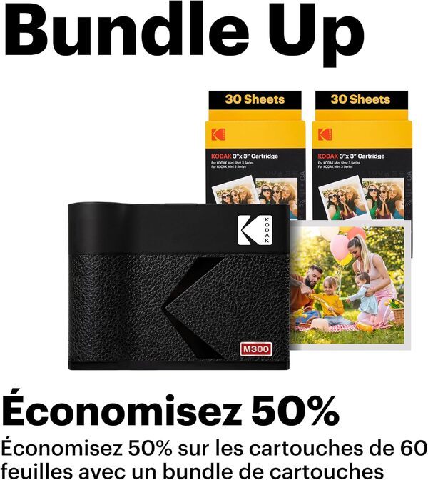 KODAK Mini 3 Era 4PASS Imprimante Photo Portable (7,6x7,6cm) (Jaune, Lot Accessoire avec 68 Feuilles)