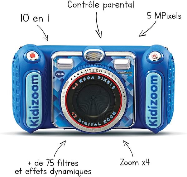 VTech - KidiZoom Duo DX Bleu, Appareil Photo Numérique Enfant 10 en 1, Photo, Selfie, Vidéo, Écran Couleur, Lecteur MP3, Casque Audio, Cadeau Enfant de 3 Ans à 12 Ans - Contenu en Français
