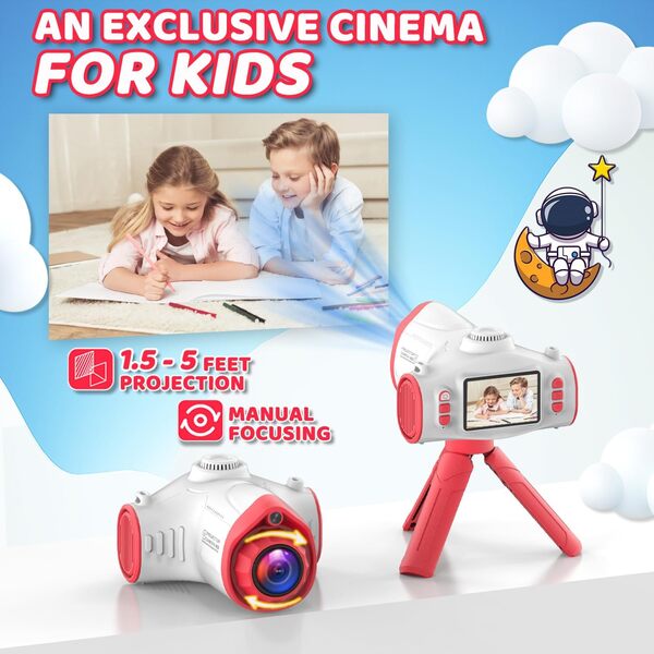 Appareil Photo et Projecteur pour Enfants, Ukuu Caméra Numérique 2 en 1 - Inclus Carte TF 32G et Crayons de Couleur - Idéal comme Cadeau (Rouge)