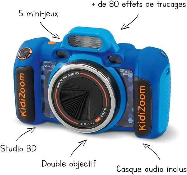VTech - KidiZoom Duo FX Bleu, Appareil Photo Numérique Enfant, Photo, Selfie, Vidéo, Écran Couleur, Studio BD, Filtres et Effets Rigolos, Cadeau Enfant de 4 Ans à 12 Ans - Contenu en Français