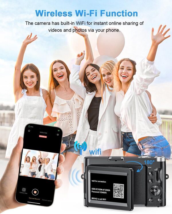 4K 64MP Appareil Photo Numérique avec WiFi, Appareil Photo Compact avec écran Rabattable à 180°avec Autofocus,16X Digital Zoom Appareil Photo avec Carte 32GB,Chargeur,2 Batteries pour Débutants