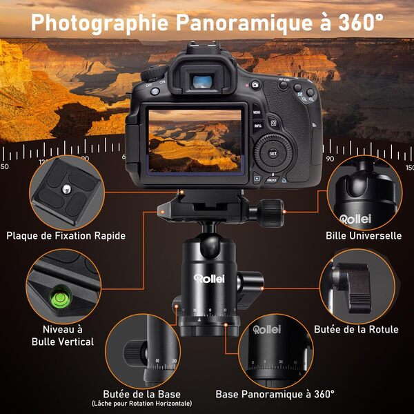 Rollei Compact Traveler No.1 Carbone Noir, 145cm Trepied Appareil Photo Voyage avec Rotule Ball & Téléphone Support Trépied Ultra Léger pour Sony Canon Nikon DSLR, Trepied-Appareil-Photo-Tripod-Voyage