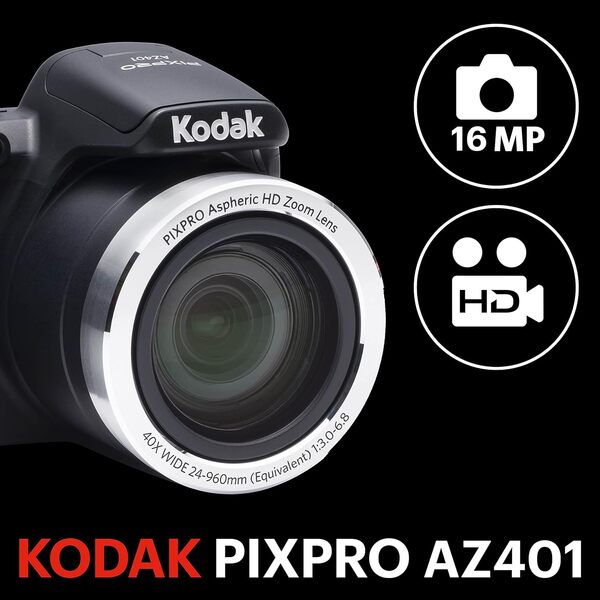 KODAK Pixpro AZ401 - Appareil Photo Bridge Numérique 16 Mpixels, Enregistrement vidéo, Grand angle 24 mm, Ecran LCD 7,6 cm, Panorama 180° - Noir