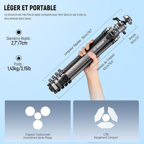 NEEWER LITETRIP LT38 Trépied de Voyage en Fibre Carbone Appareil Photo 360° tête sphérique panoramique, axe Central Flexible Plaque QR Arca Compatible avec Peak Design Clip trépied V3, Charge Max 22lb