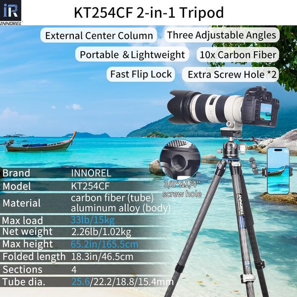 INNOREL KT254CF Trépied professionnel portable compact en fibre de carbone pour appareil photo numérique DSLR Support avec colonne centrale réglable Tube de 25,6 mm Charge maximale 15 kg