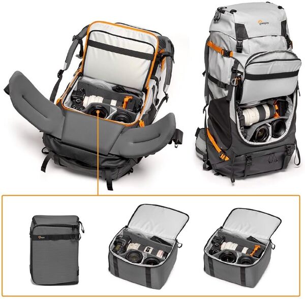 Lowepro PhotoSport Pro BP 70L, Sac à Dos pour Appareil Reflex et Hybride, Ouverture Avant et Arrière, Compartiment Amovible, Sangles pour Accessoires, Taille : S/M, Couleur Gris foncé/Gris Clair