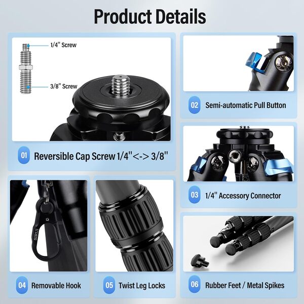 SIRUI AM-284 Trépied de Voyage en Fibre de Carbone, 120cm Trépied Carbone Professionnel pour Appareil Photo, Verrouillage des Pieds par Rotation, Pointes Métalliques Amovibles, Charge Jusqu'à 15 kg