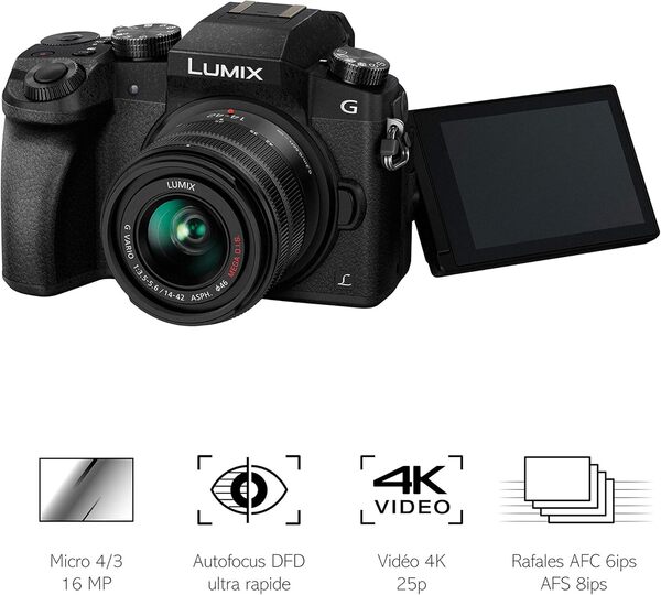 Panasonic Lumix G7K | Appareil Photo Hybride + Objectif Lumix 14-42mm (Capteur 4/3 16MP, Viseur OLED, Écran orientable tactile, AF ultra rapide DFD, Vidéo 4K, Wifi) Noir – Version Française
