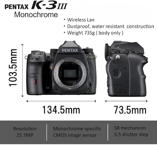 Pentax K-3 Mark III Monochrome boîtier Nu Noir Appareil Photo Reflex APS-C - Viseur Optique, Champ de Vision 100%, stabilisation SR 5 Axes 5,5 IL, 1600000 ISO, Résistant à l’Eau, Rafale 12 IPS