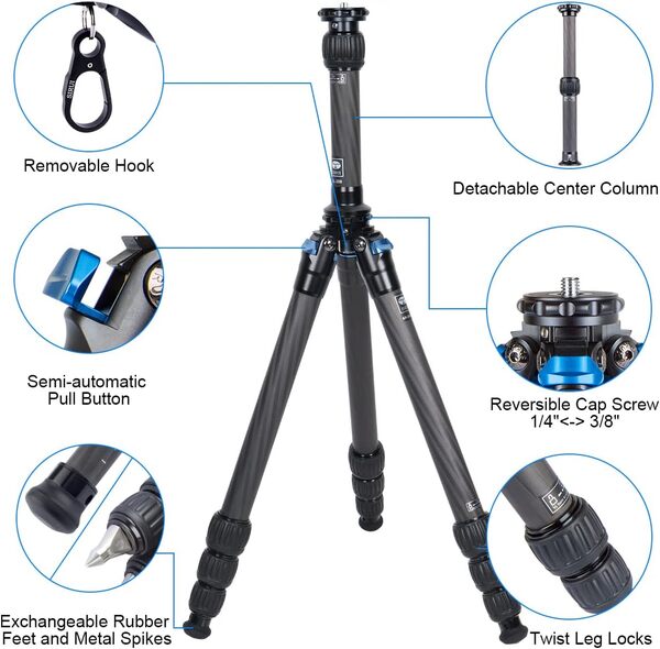 SIRUI AM-284+SL-200 Grand trépied en Fibre de Carbone avec Colonne Centrale, Trépied Professionnel léger et Portable pour appareils Photo, Max 152cm, Rétracté 445mm, 15kg de Charge utile.