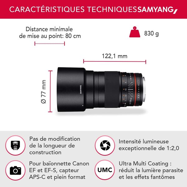 Samyang 135 mm F2.0 pour Canon EF - Plein format et téléobjectif APS-C à focale fixe pour appareil photo Canon avec monture EF/EF-S, mise au point manuelle