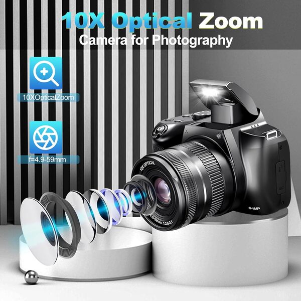 Appareil photo numérique 4K pour photographie avec WiFi, zoom optique 10x pour YouTube 64 MP Autofocus Appareil photo compact avec carte SD 64 Go, 2 batteries, lecteur de carte USB et support de