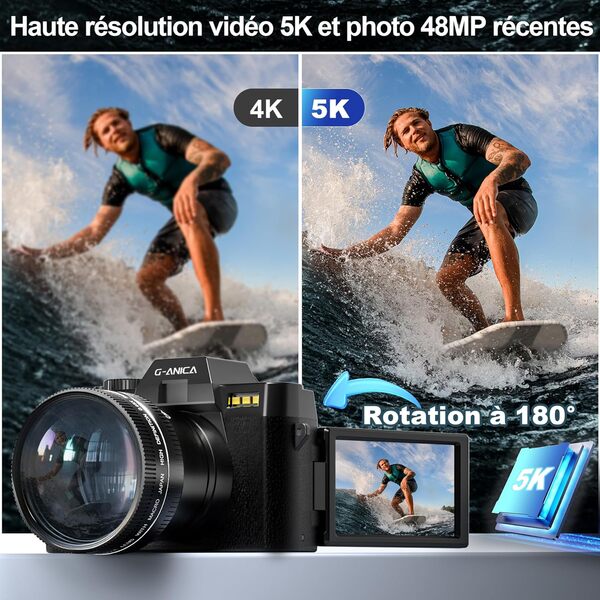 Caméra numérique 5K, caméras 48MP/60FPS pour la Photographie, caméra vidéo/vlogging, contrôle WiFi et Application et Objectif Grand Angle et Macro, Parfait pour Les débutants