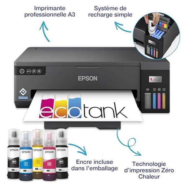 Découvrez l'Epson EcoTank ET-14100, une imprimante A3+ WiFi ultra-économique idéale pour des impressions photo de haute qualité à moindre coût.